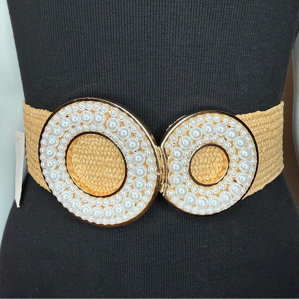 Natural color stretchy paper waistband belt with faux pearls accents